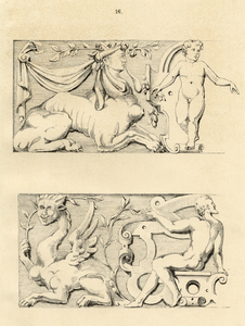 39877 Afbeelding van twee delen van het fries van een kerkbank in de Domkerk te Utrecht.